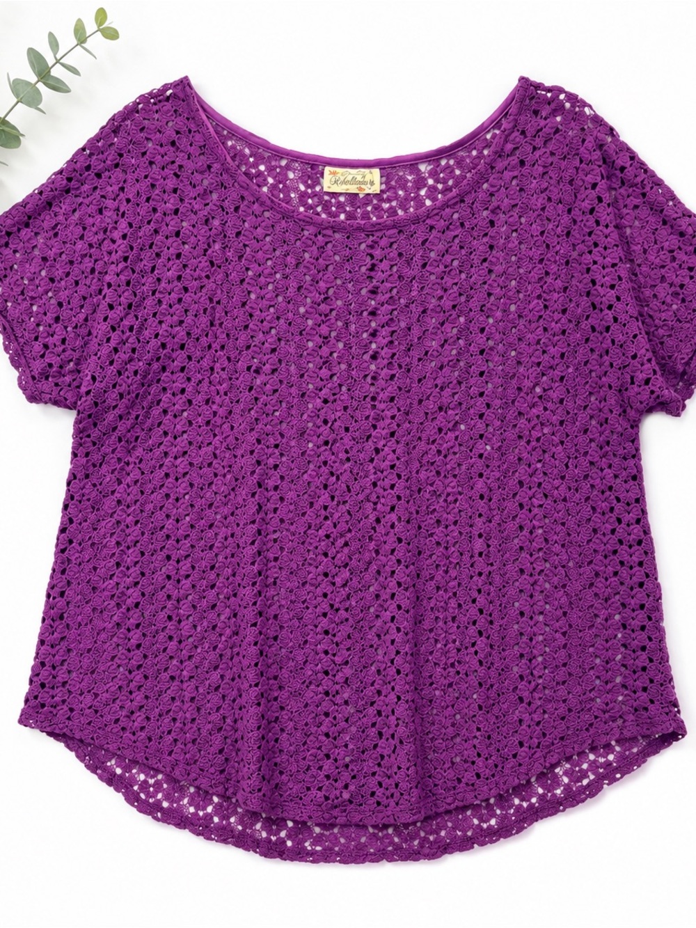 Pretty Rebellious Purple Crochet Lace Top XL Boho Short Sleeve